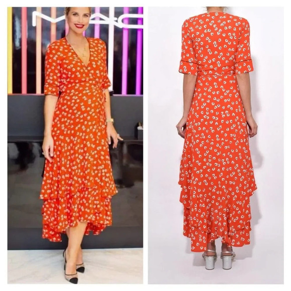 Ganni Crepe Floral Print Midi Wrap Dress in Coral Red Size 8 - Picture 7 of 10